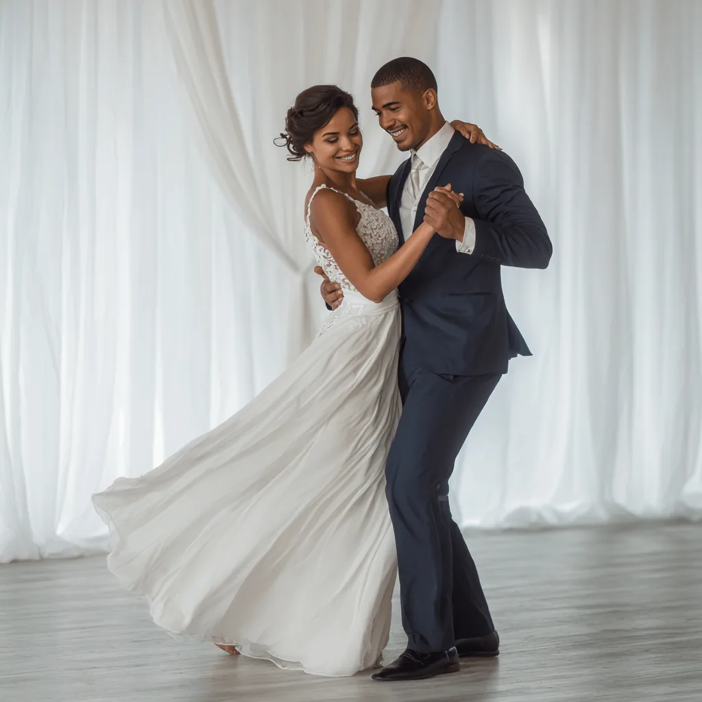 Couple practising their wedding first dance